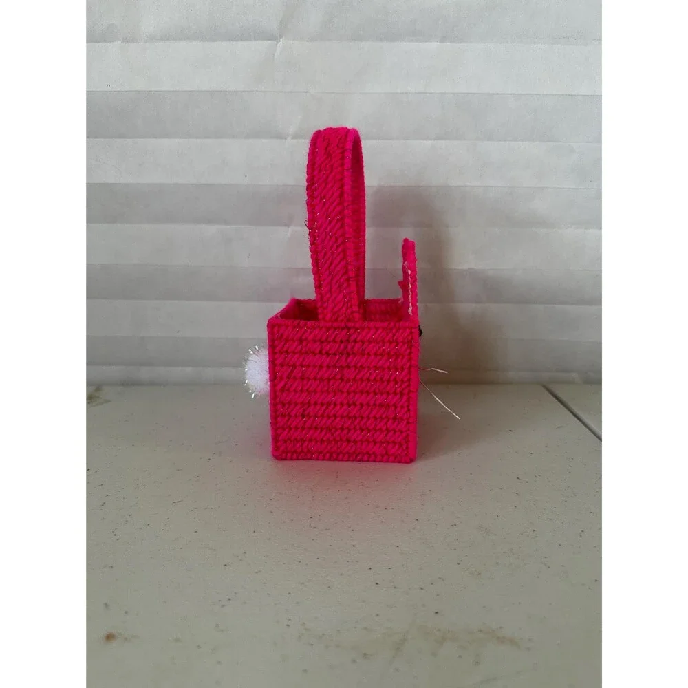 Mini Easter Basket with Magenta Sparkly Bunny – Colorful Plastic Canvas Handmade